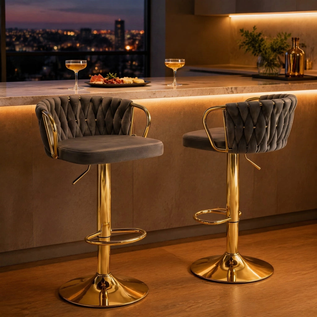 Sgabello da Bar Set da 2 Girevole 360° con Altezza Regolabile, Schienale e Braccioli, in Velluto Grigio Scuro