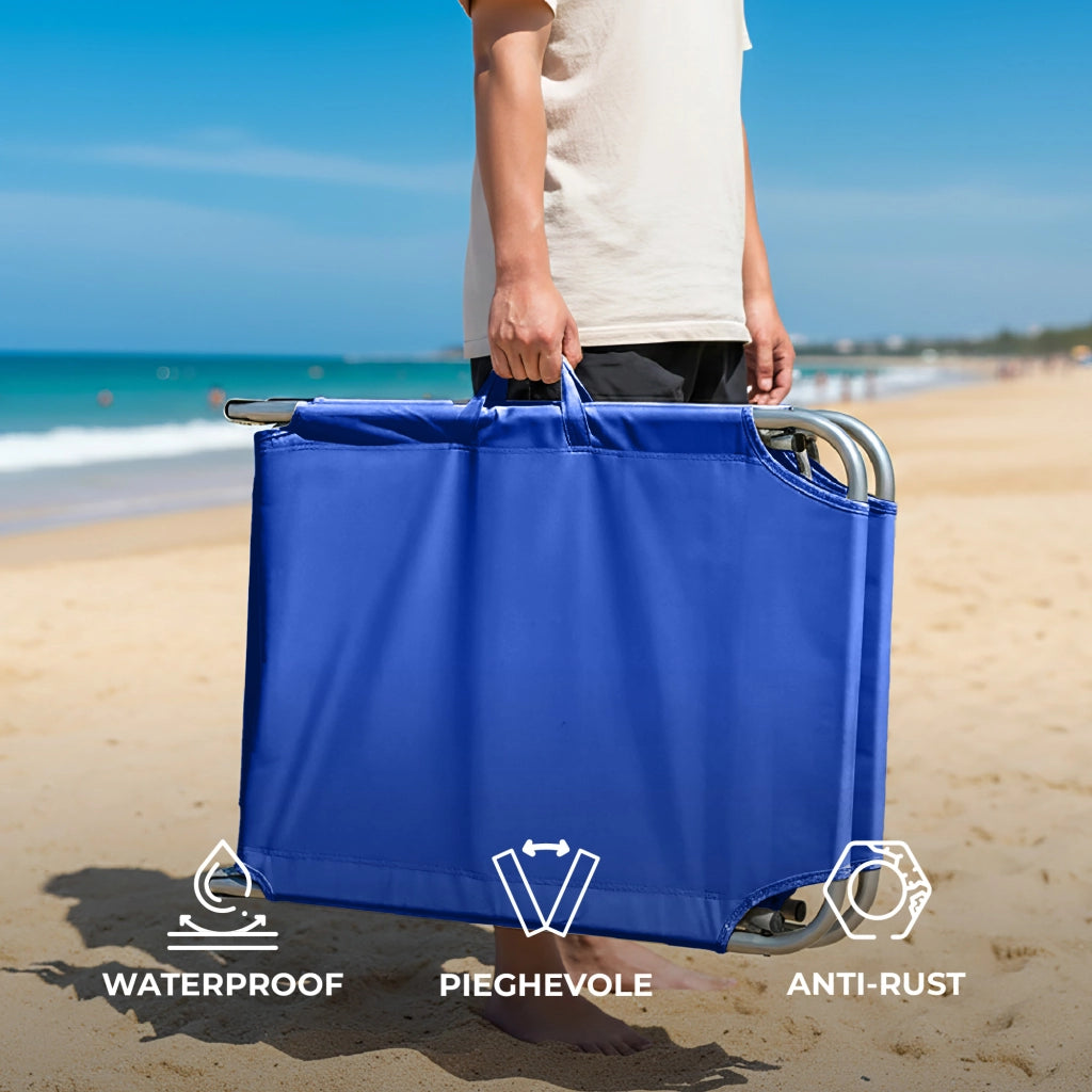 Coppia Lettini Prendisole Pieghevoli con Parasole Regolabile, Schienale Reclinabile in 4 Posizioni, Struttura in Acciaio Anti-Ruggine, Tessuto Impermeabile Anti-UV, Portata 110 kg Blu