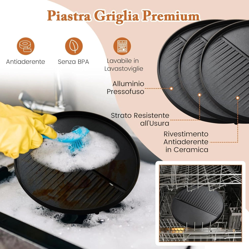 2 in 1 Barbecue Elettrico 1200W in Aluminio con Coperchio a Termometro, Barbecue da Tavolo con Mensola e Piedistalli, Griglia con Piastra Antiaderente per Interni ed Esterni, 63 x 63 x 100 cm