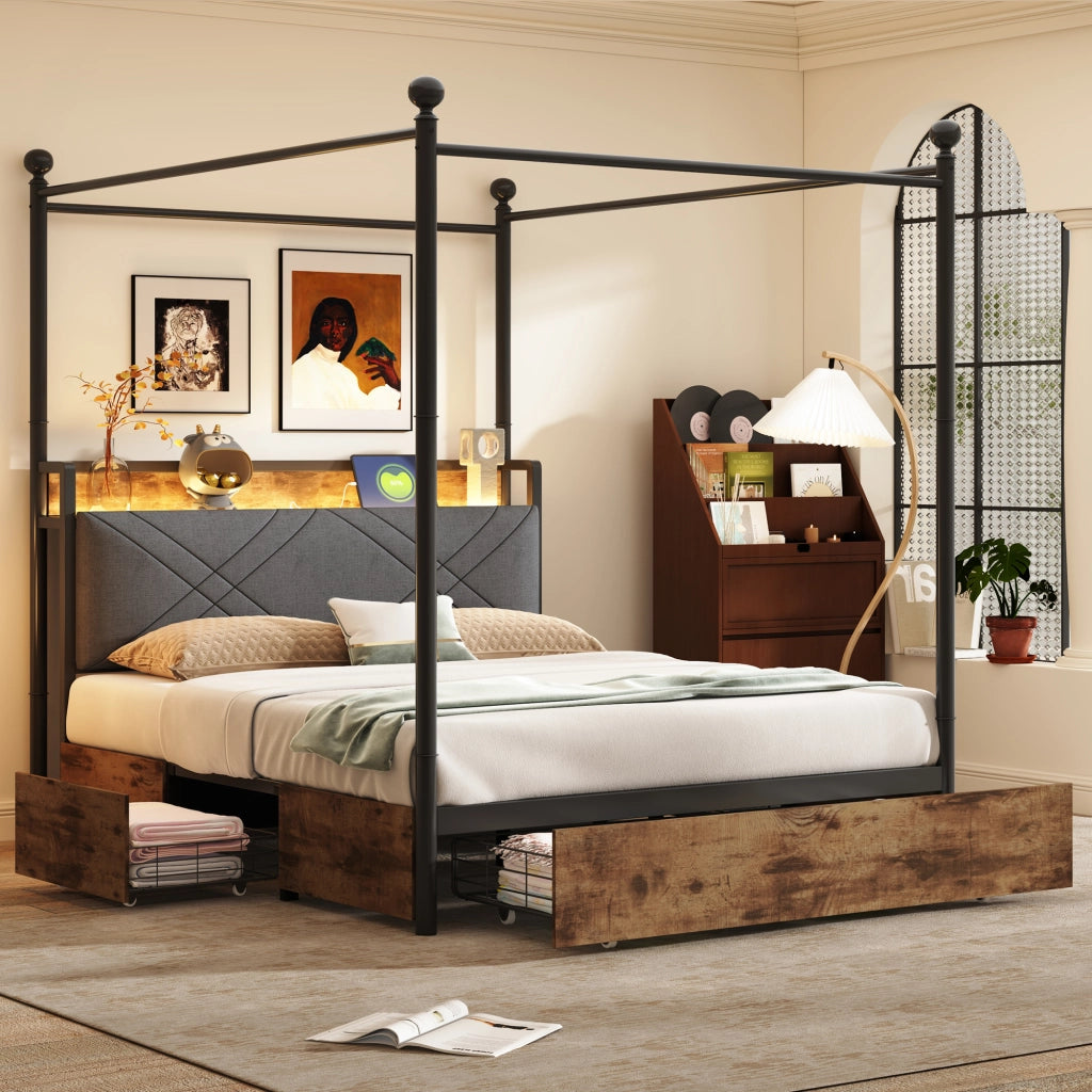 OKWISH Letto Contenitore 140×190 cm, Letto Matrimoniale con USB, Tipo C, LED Regolabile e 3 Cassetti, senza Materasso, in Metallo, Nero