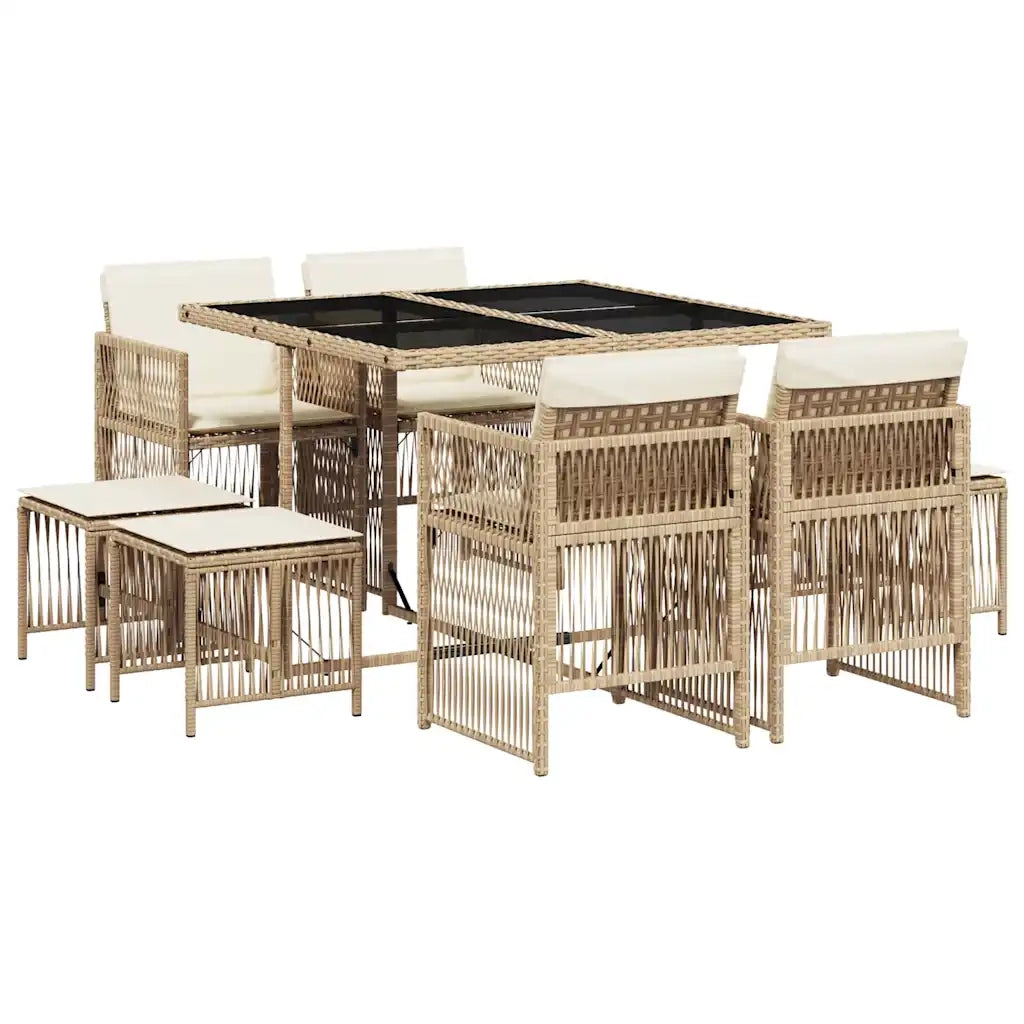 Set da Pranzo da Giardino 9 pz con Cuscini Beige in Polyrattan 3210958