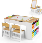 Set Tavolo da Disegno e Cavalletto per Bambini 3+ Anni con 2 Sedie, Tavolo Multifunzione in Legno con Piano Sollevabile, Rotolo di Carta, 6 Bicchieri di Vernice (Naturale)