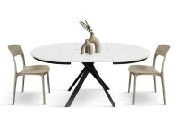 PAZZO DESIGN Tavolo Allungabile con Gambe Incrociate rotondo, Made in Italy, Basamento Nero, Bianco frassinato