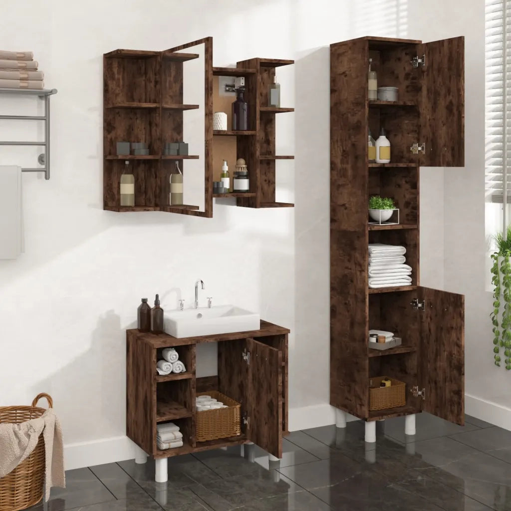 Set Mobili da Bagno | Armadio da bagno 3 pz Rovere Fumo in Legno Multistrato