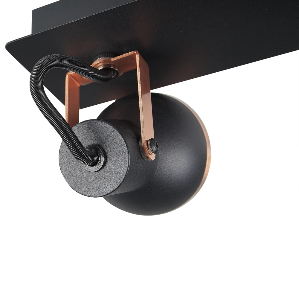 Plafoniera a 3 fuochi con braccio oscillante in metallo nero e rame con paralume a cono faretto design a binario rettangolare