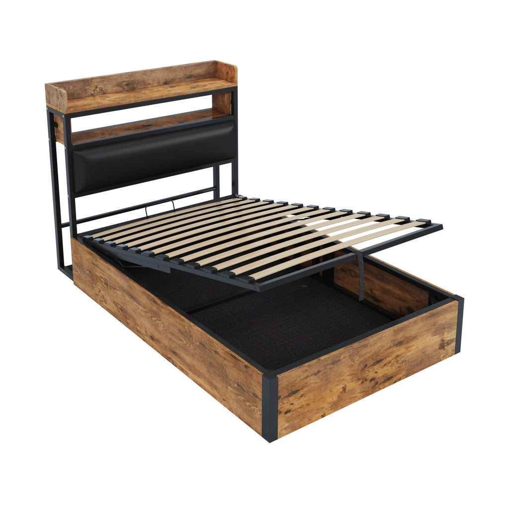 Letto singolo 90x200 cm con contenitore; meccanismo idraulico; USB; nero