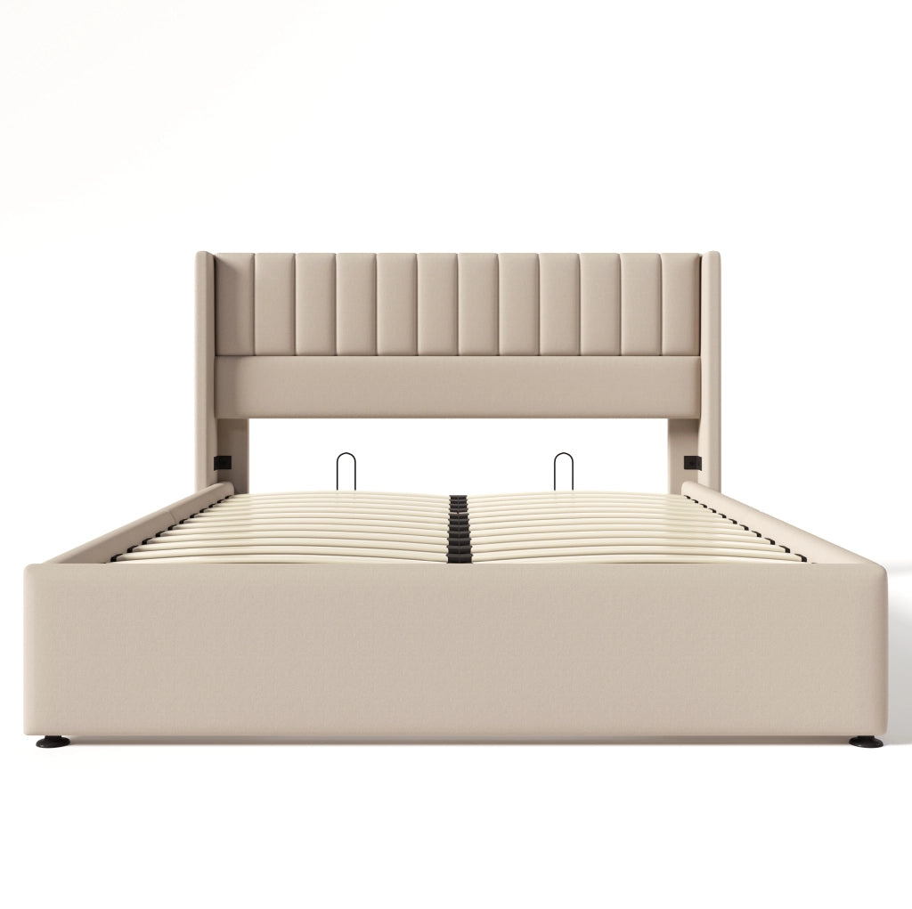 Letto matrimoniale con contenitore e rete alzante 160x200 cm in lino beige