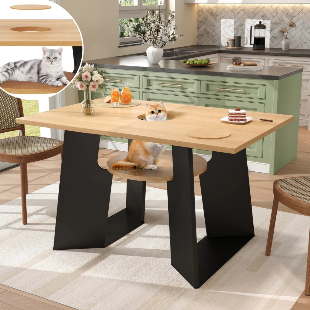 Tavolo da Pranzo Rettangolare con Area Animali ¨C MINIMAL ¨C Legno Naturale/Nero, 130x85x75 cm, 6 Persone
