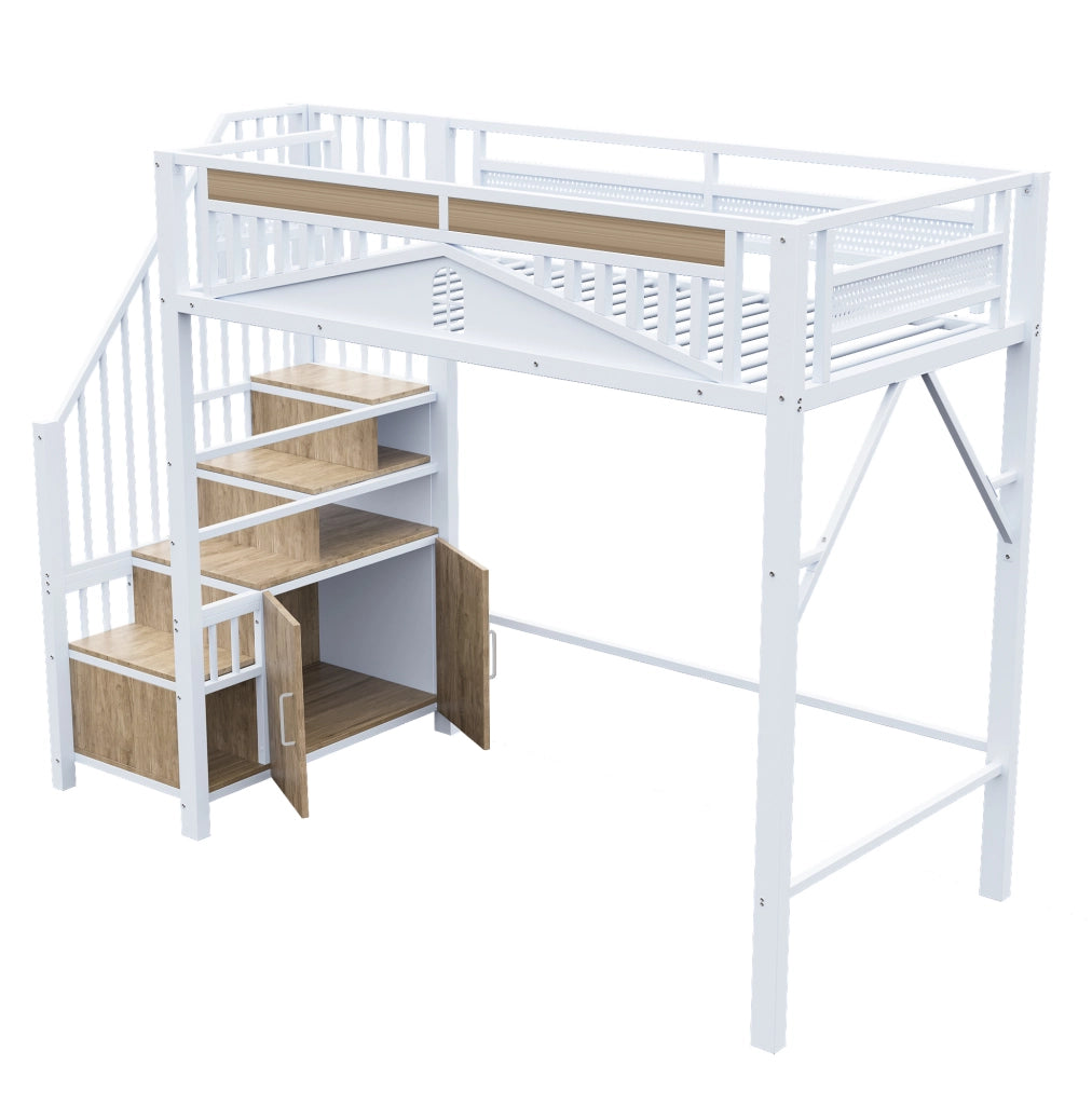 Letto a soppalco 90x200 cm in metallo con scala contenitore e armadietto