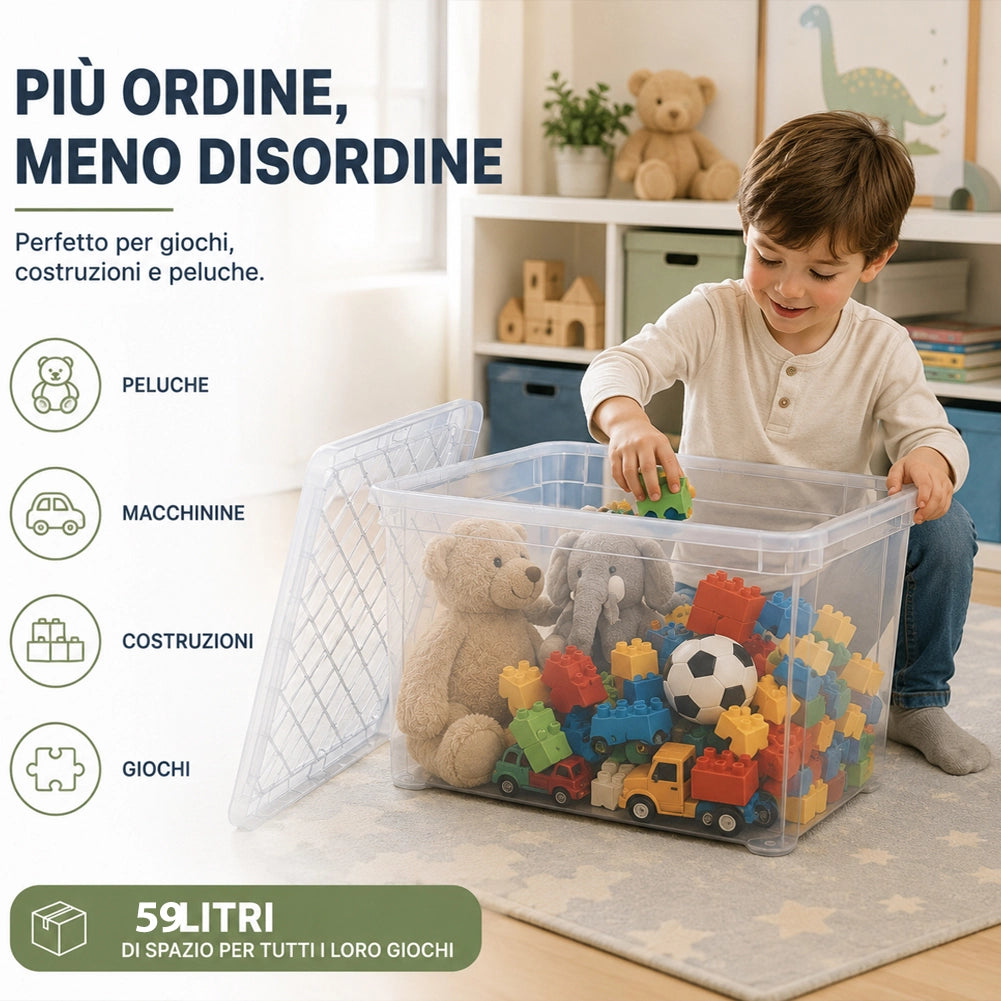 Set 4 Pezzi Contenitori con Coperchio 57x39x36 cm Storage Box Marea Capienza 59L in Plastica Trasparente