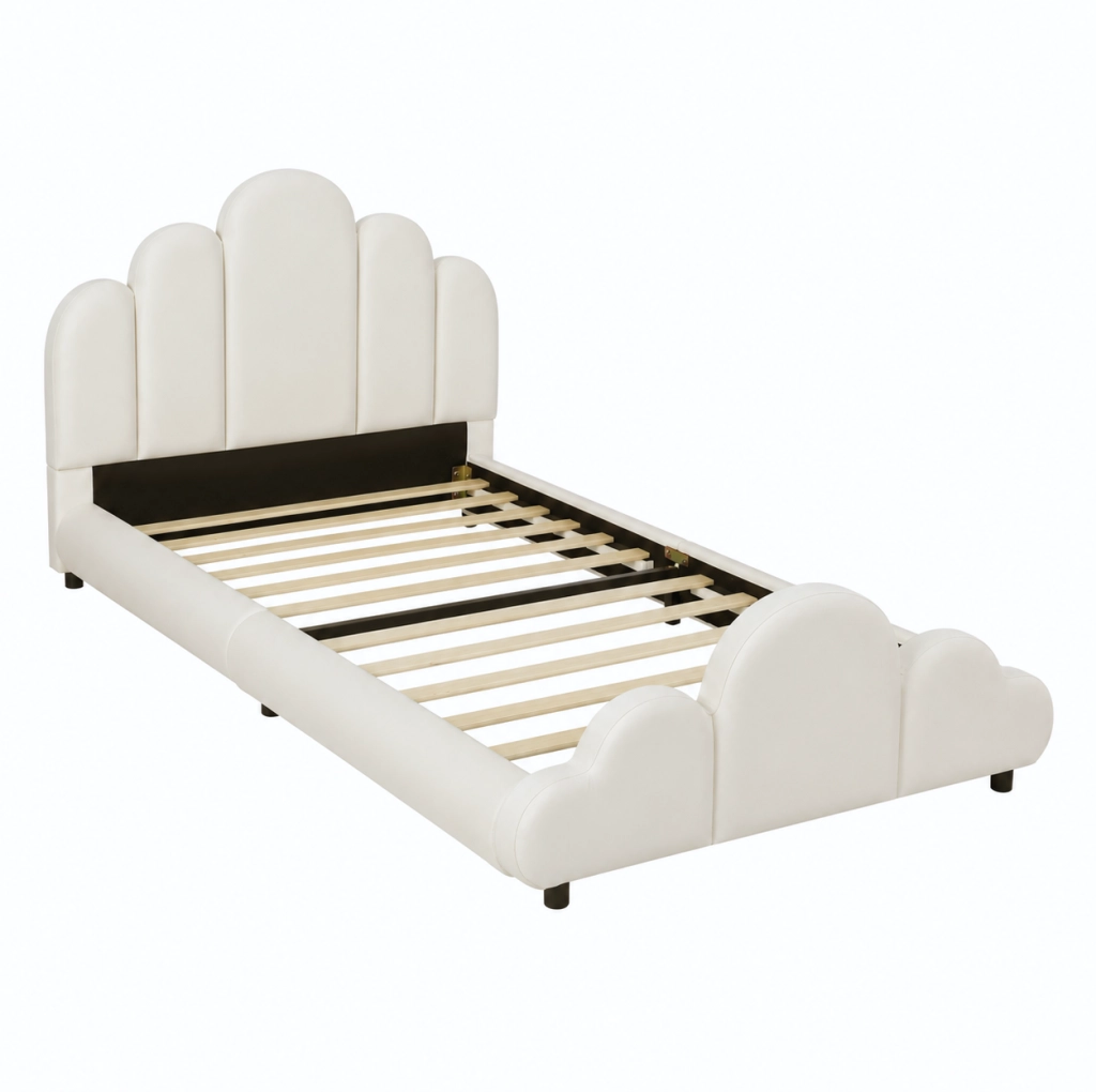 Letto imbottito 90x200 cm con design a nuvola e angoli arrotondati in velluto beige