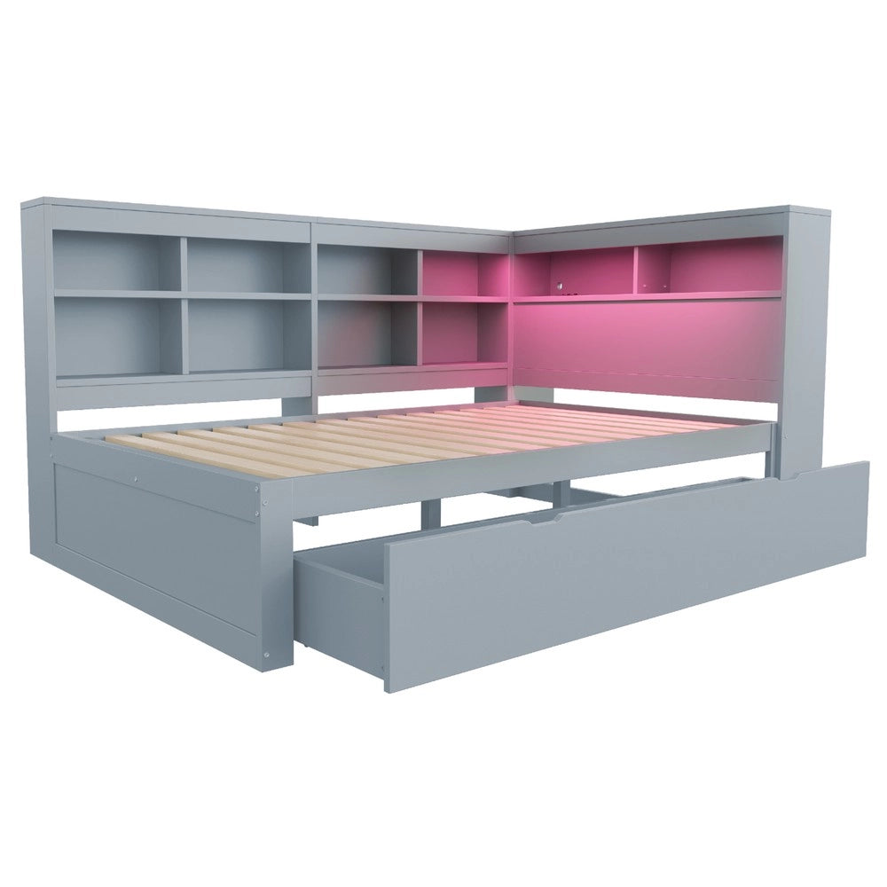 Letto Matrimoniale in Legno Massello con Cassetti, LED e USB ¨C Xylo ¨C Grigio 140x200