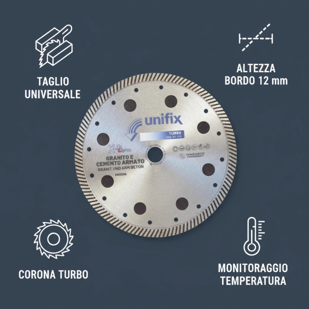 Disco diamantato turbo x-term per taglio cemento e granito Ø 230 h 12 x 2,5 mm