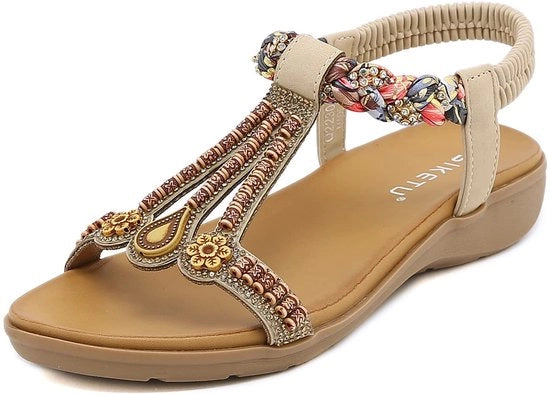 Sandali da Donna Casual - Sandali Pianali - Sandali da Estate - Cintura Elastica - Tacco Ronde - Decorazioni con Perle - Sandali da Spiaggia