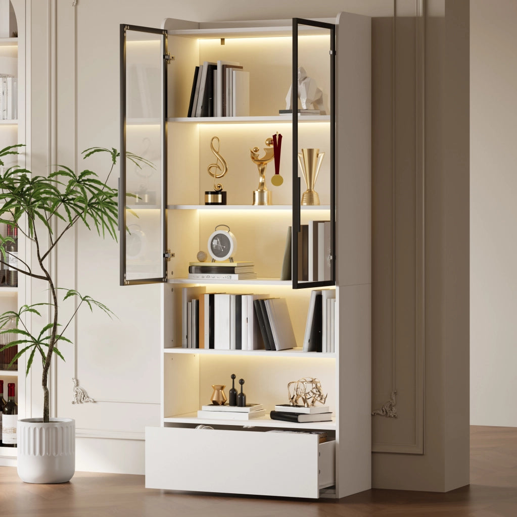 Vetrina alta bianca 80x34x180 cm con LED e cassetto