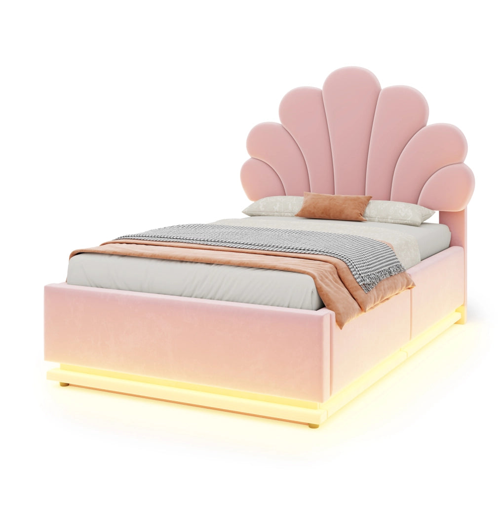 LETTO Imbottito Contenitore 90x200 cm Velluto Rosa con LED