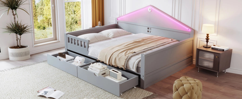 DESMIU Letto singolo 140 × 200 cm con LED, 2 cassetti, senza materasso, in legno massiccio e MDF, grigio