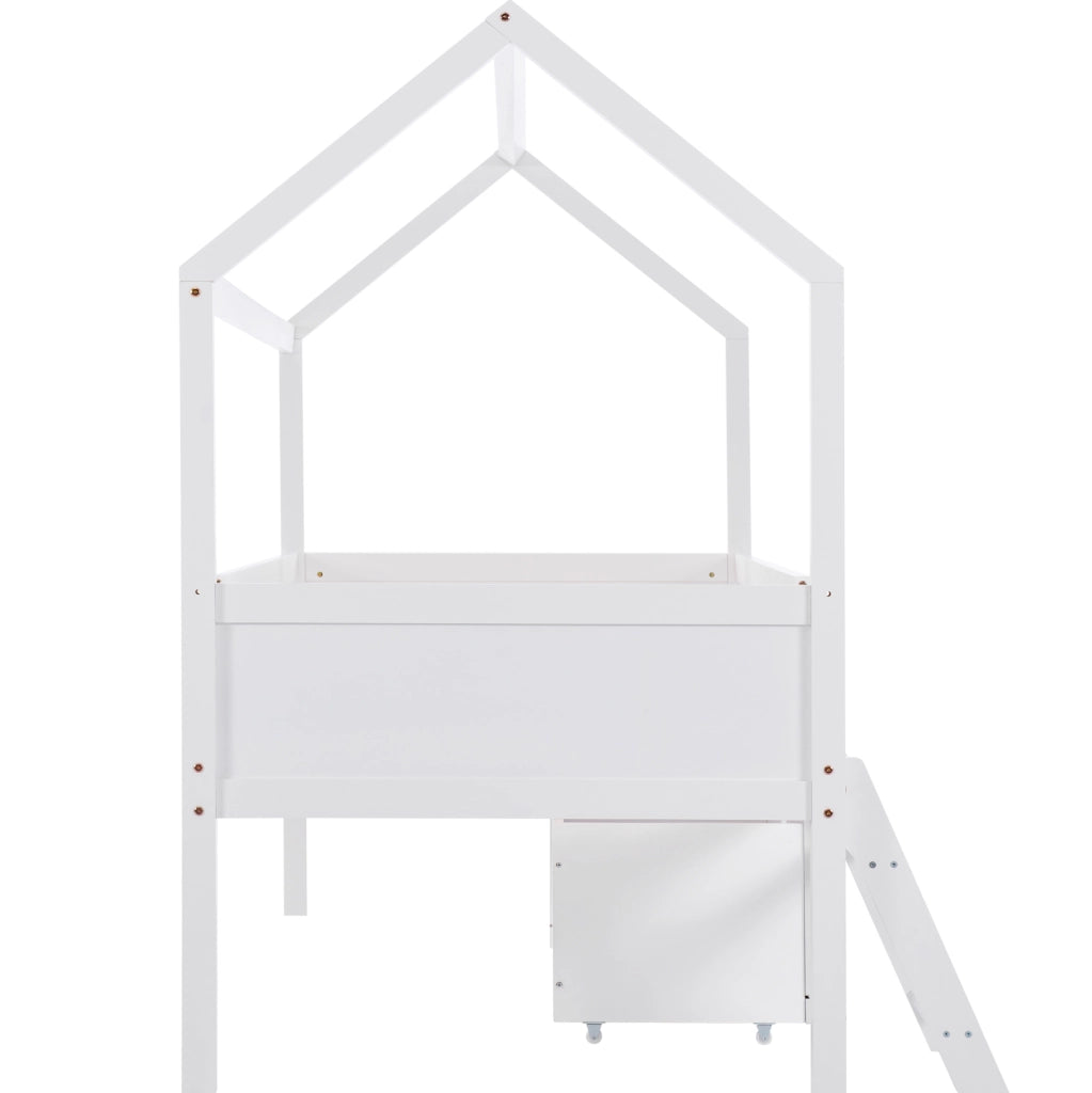 Letto a casetta per bambini 90x200 cm in legno di pino con scala; cassetti e sponde; bianco