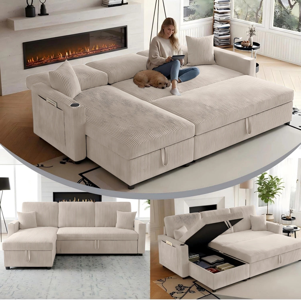 Divano Angolare Convertibile Modulare con vano contenitore, portabicchieri e tasca laterale, in velluto a coste Beige