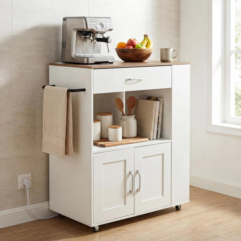 Carrello da Cucina Mobile su Ruote, Isola da Cucina con Piano di Lavoro, Struttura in Legno, Cassetto e 3 Ripiani