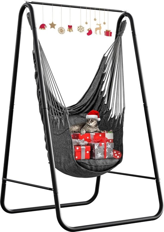 Hangmat con supporto standard, sostenibile fino a 150 kg, supporto per hangmat con sospensione, 85 x 92 x 153 cm, telaio in acciaio stabile, sedia oscillante con 2 ganci e 2 cuscini per il terrazzo, balcone e giardino.