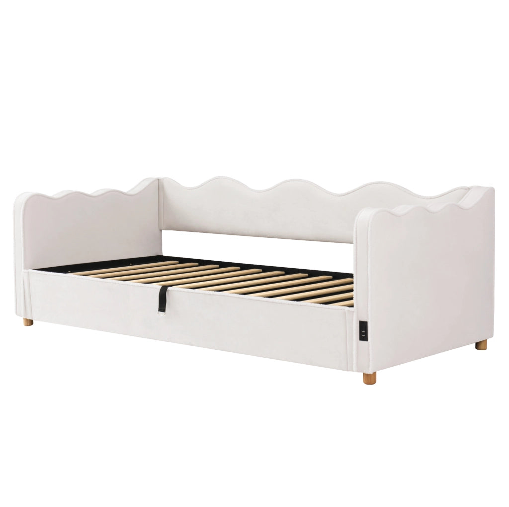Letto daybed 90x200 cm con contenitore idraulico; velluto beige; con presa USB e Type-C