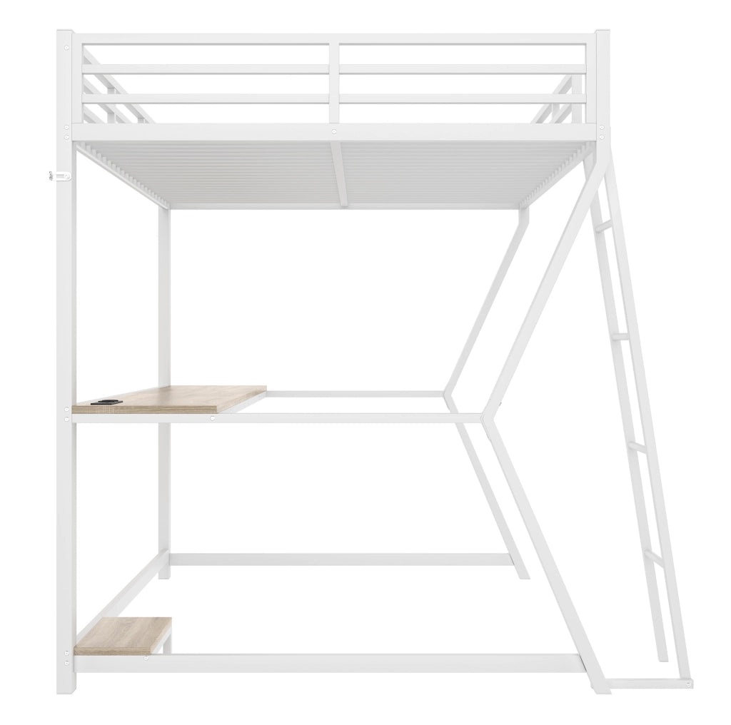 Letto a soppalco 140x200 cm con LED; scrivania e prese in metallo e MDF bianco