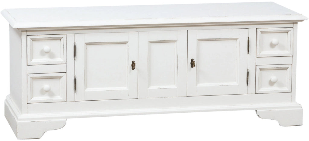Biscottini Mobile porta tv Country in legno massello di tiglio finitura bianca anticata L150xPR51xH56 cm. Made in Italy