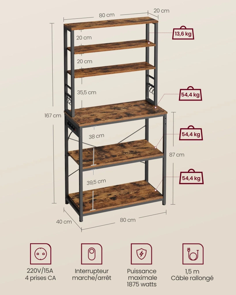 Mensola da cucina con multipresa mensola per macchina da caffè 6 ripiani 6 ganci per forno a microonde struttura in acciaio 40 x 80 x 167 cm marrone 12_0005661