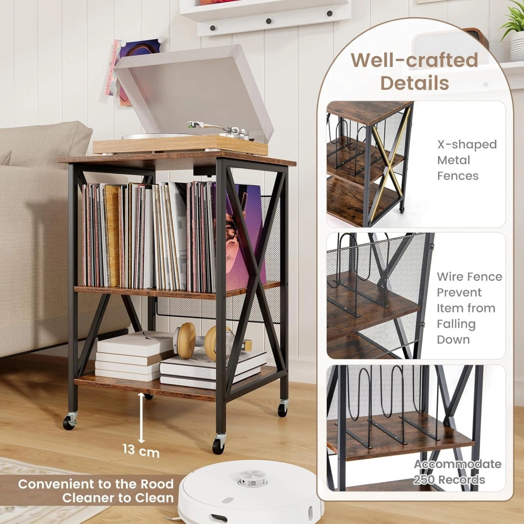 Supporto per Giradischi, Tavolo per Conservare Dischi in Vinile, Tavolo per Giradischi in Stile Mid-Century con Stazione di Ricarica, Ruote Bloccabili per Camera da Letto, Soggiorno (Marrone)