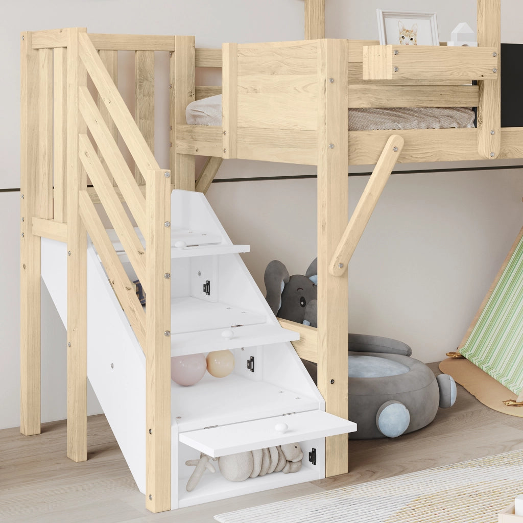 Letto a Castello 90x200 cm - Tetto; Lavagna e 3 Armadietti - in Legno - Bianco e Naturale