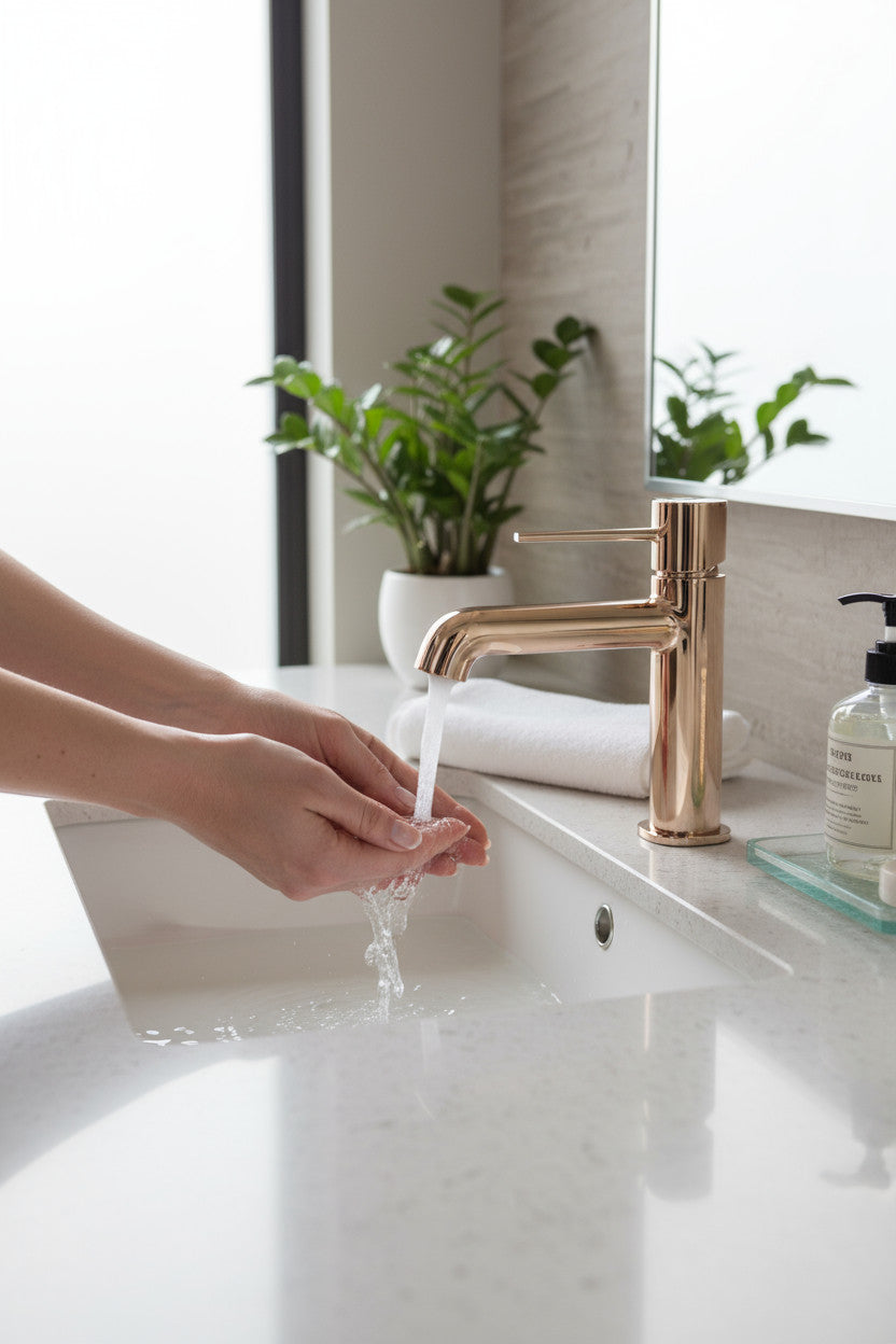 Miscelatore lavabo con scarico – design moderno in oro rosa
