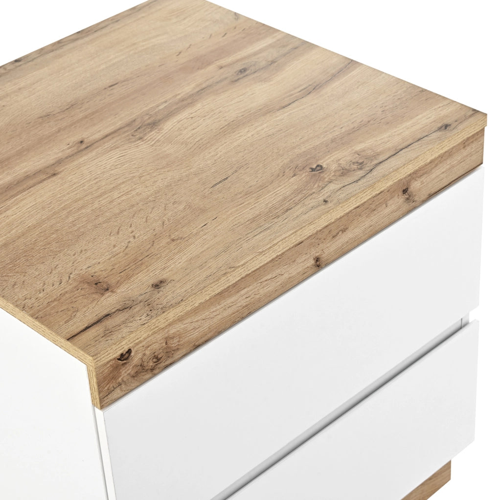 Comodino classico con 2 cassetti; in truciolare E1 bianco e rovere