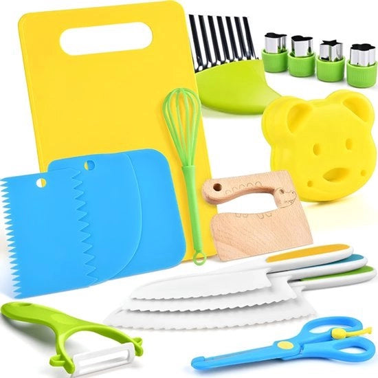 Set di coltelli per bambini da cucina 17 pezzi - Coltelli per bambini - Set di coltelli per bambini da cucina - Coltelli sicuri per bambini - con tagliere e forme per frutta e verdura - per verdure, frutta, insalate