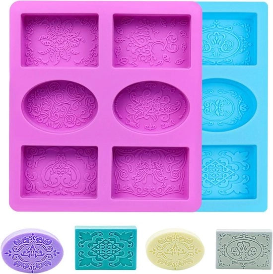 Siliconi Plus - Forme a zeppa in silicone con 6 forme per la produzione di zeppa - DIY Forme 3D a zeppa - Lavaggio, candele, cioccolato, torte e biscotti - Disegno blu viola