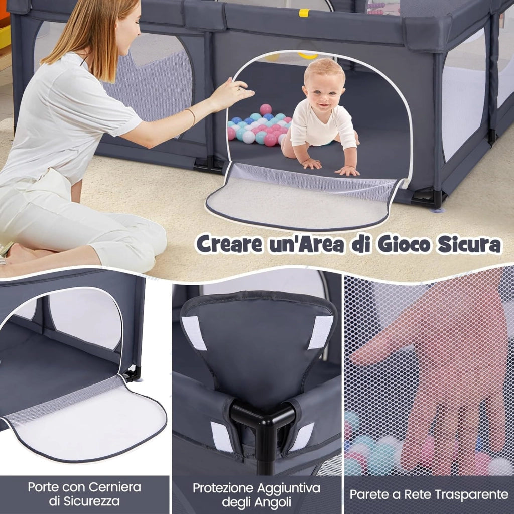 Recinto per Bambini, Box per Bambini con Rete Traspirante, Centro Attività per Bambini con 50 Palline, Box Giochi per Bambini 0-3 Anni (Grigio Scuro, 189 x 158 cm)