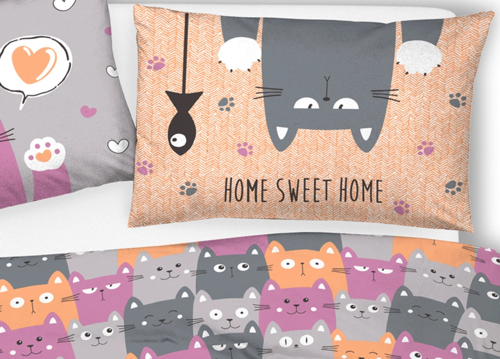 Copripiumino Sacco Piumone Pensieri Delicati Cotone Disegno Happy Cat - Matrimoniale - Arancio