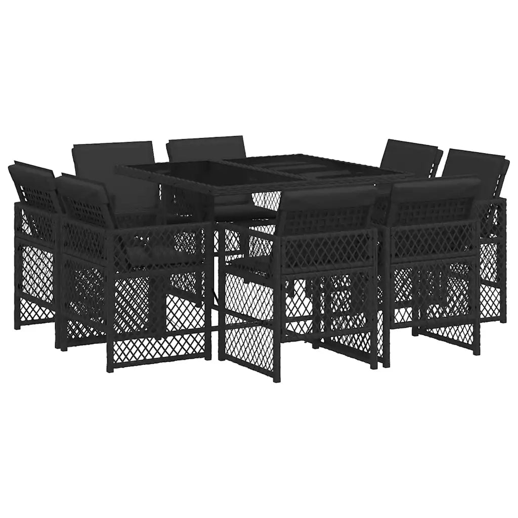 Set da Pranzo da Giardino 9 pz con Cuscini Nero in Polyrattan