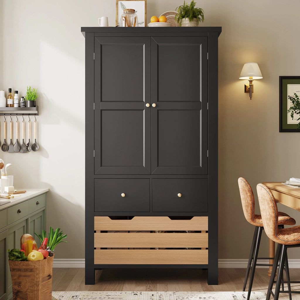 ARMADIO DISPENSA 80x40x140 cm Nero con 5 cassetti e 2 ante