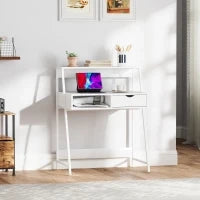 Scrivania per Computer Stile Neo-Rétro con Cassetto, Vano e Mensola, in Metallo, Bianco