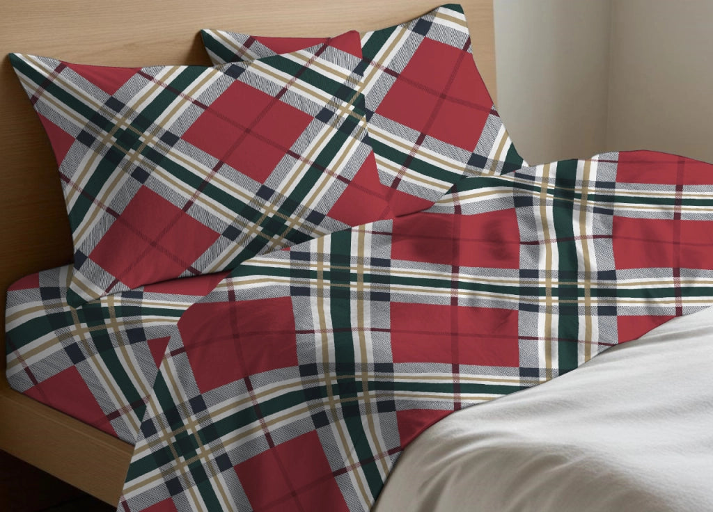 Completo Lenzuola Letto In 100% Cotone Disegno Tartan - Matrimoniale - Tartan
