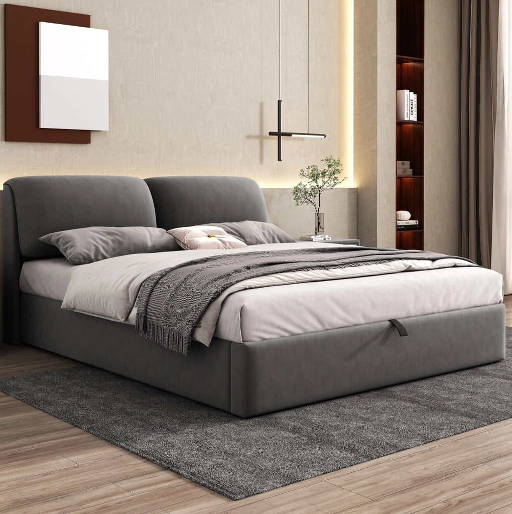 Letto imbottito 180x200 in velluto grigio con contenitore; 3 cassetti e testiera regolabile