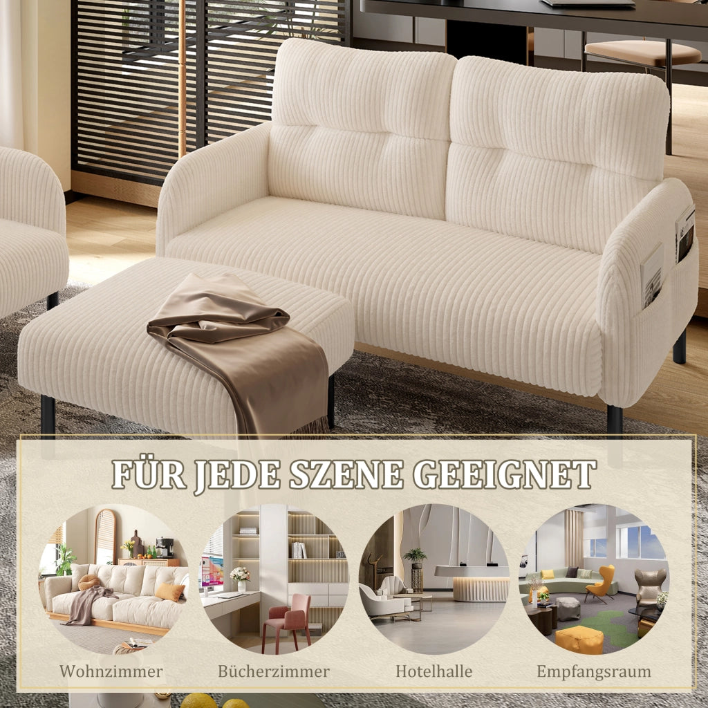 Divano 2 posti; poltrona e pouf con tasca laterale; schienale ergonomico in velluto a coste beige