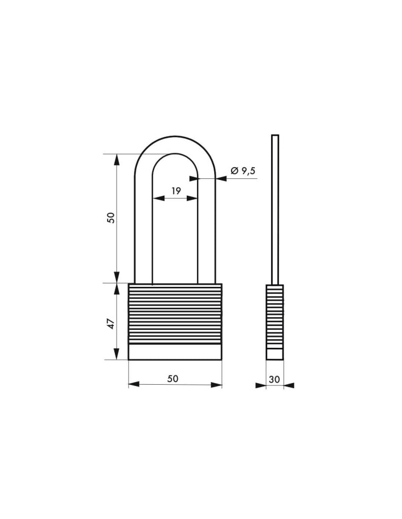 Lucchetto laminato PROTECTOR 50 mm, arco lungo in acciaio al molibdeno, 2 chiavi – THIRARD