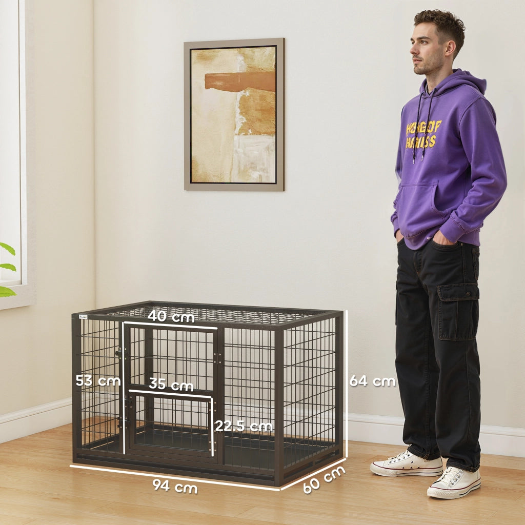 Gabbia per Cani Robusta 94x60x64 cm con Vassoio Rimovibile e Doppia Porta in Acciaio e Plastica Nero