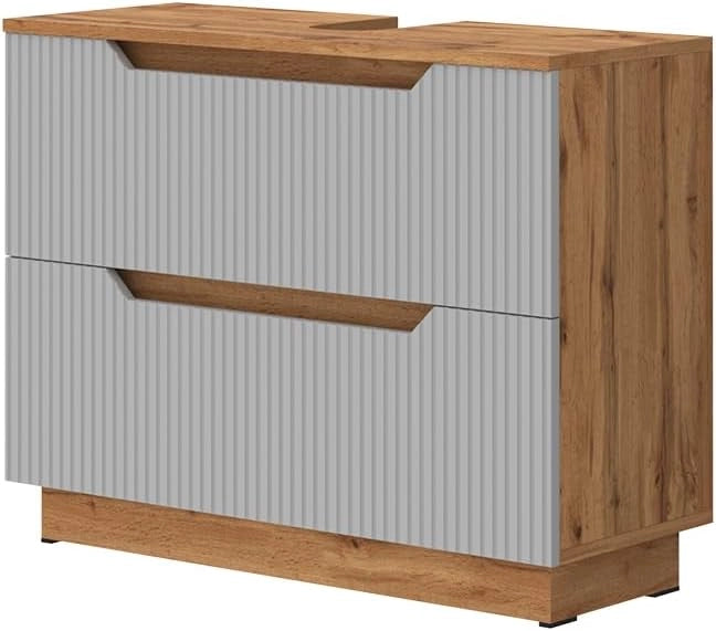Mobile sottolavabo per bagno Lotta, Rovere/grigio a righe, 79.6 x 62.5 cm con 2 cassetti