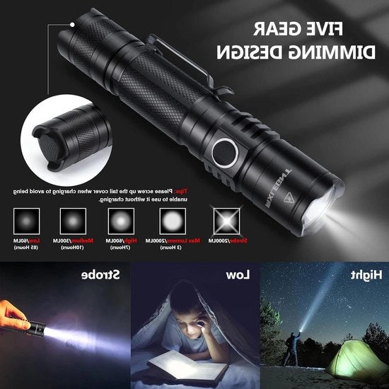 Lampada Tattica LED Ricaricabile - Lampada Portatile 2000 Lumen 5 Modalità di Illuminazione IPX7 Impermeabile - Lampada Militare con Batteria 4800mAh 21700
