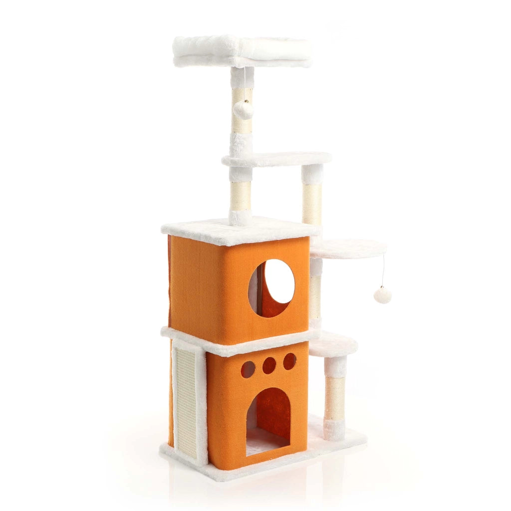 Fudajo Albero tiragraffi per gatti 125cm bianco/marrone con sisal e cuccette
