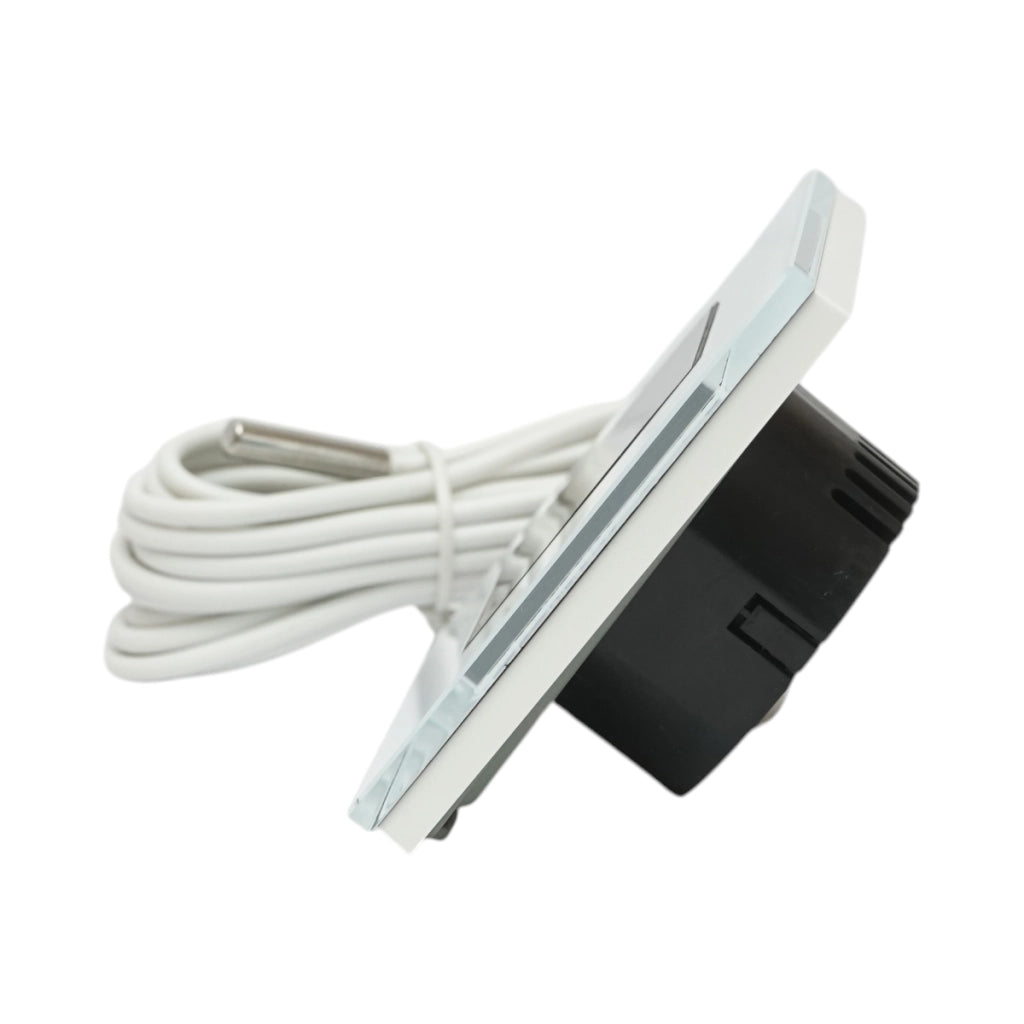 Termostato WiFi per riscaldamento a pavimento e caldaia, display digitale, sensore esterno, cornice in vetro bianco 86x86mm