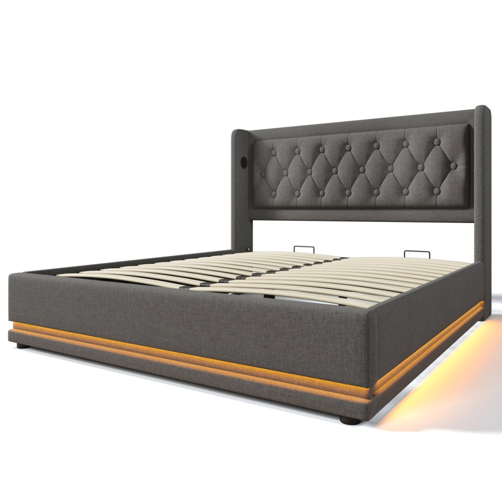 Letto contenitore imbottito 140x200 cm grigio in cotone con testiera USB Type-C e LED